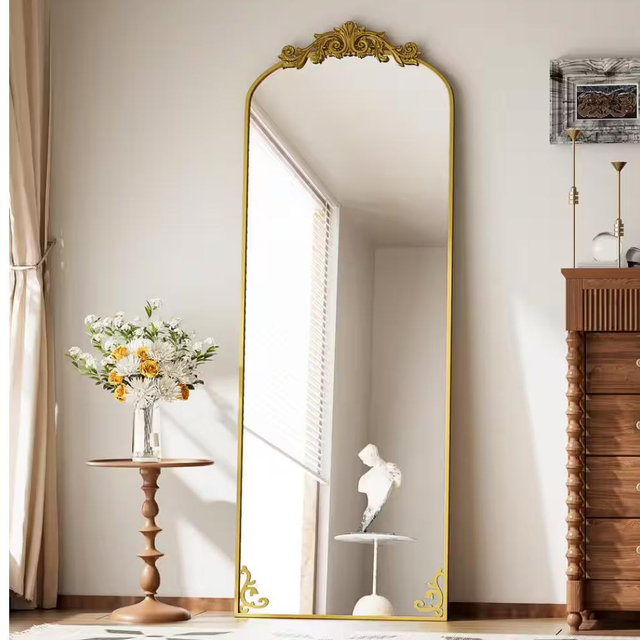 21 in. W x 64 in. H Arched Gold Metal Framed with Carved Decoration Full Length Mirror
