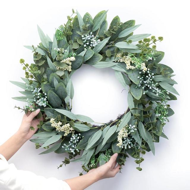 Eucalyptus Wreath 22" Large Artificial Greenery Outdoor/Indoor Wreath Spring/Summer Wreath Green Wreaths for Front Door Porch Window Wall Hanging Decor All Year Round Wreath（Green）