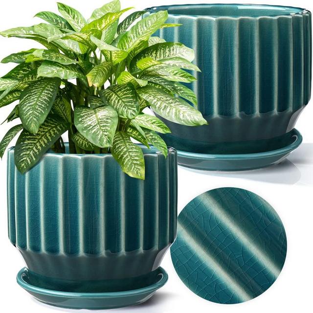 AISBUGUR Plant Pots 6 inch Ceramic Pots for Indoor Plants Set of 2 Flower Pots Unique Crackle Glaze Design Plant Pots with Drainage Hole and Saucer Come with Drainage Nets (Aqua Green)