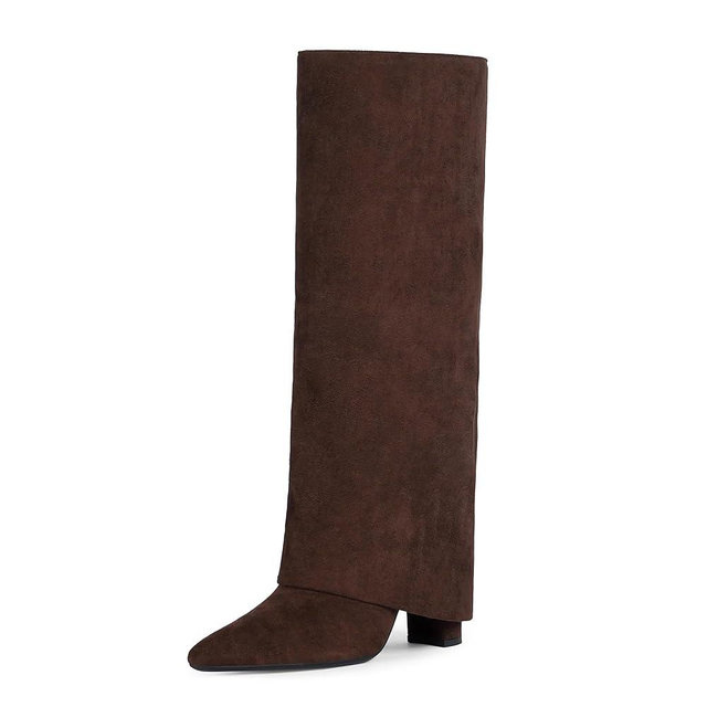 Modatope Knee High Boots Women Fold Over Knee High Boots Chunky High Heels Long Boots Zipper Pointed Toe Dress Tall Boots for Women
