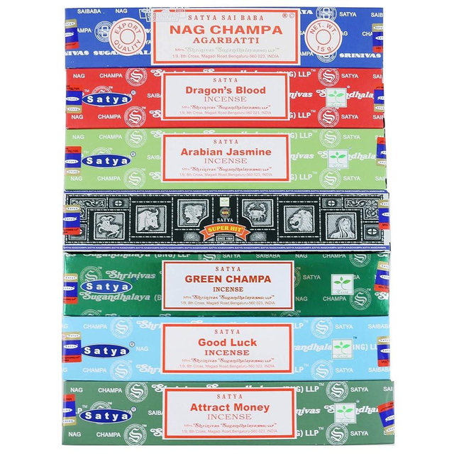 Satya Incense Sticks Gift Set, 7 Scents, Nag Champa, Dragon's Blood, Arabian Jasmine, Super Hit, Green Champa, Goodluck, Attract Money, 15g Each (Relaxation Mix)