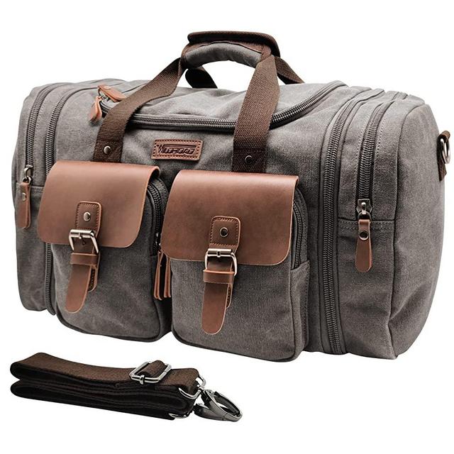 Wildroad 50L Travel Duffel Bag, Expandable Canvas Genuine Leather Duffle Bag Upgraded Overnight Weekender Bag Carry on Bag (Grey)