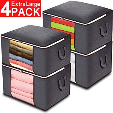 Anyoneer Closet Organizer and Clothes Storage Bags,Sturdy Handles,Stainless Steel Zipper, 3 Layer Fabric,Extra Large Capacity for Comforters,Bedding,Blankets and Clothing,4 Pack,24 Gallon,Grey