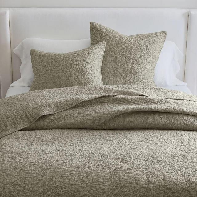 Eucalyptus Belgian Flax Linen Floral Stitch Quilt, King/Cal. King