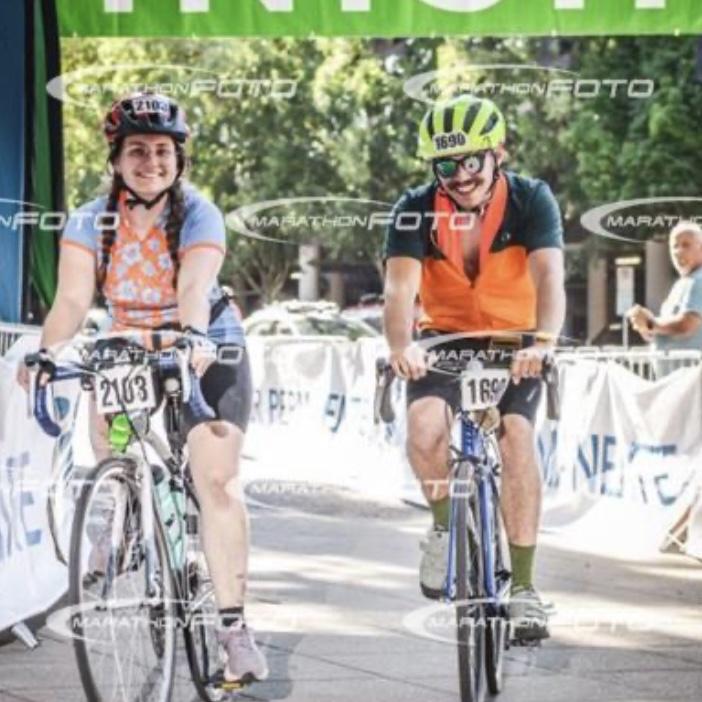 at the finish line of our Seattle to Portland bike trip