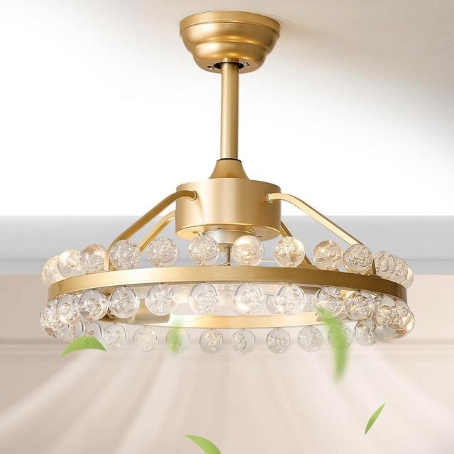 shitougu 20" Gold Crystal Chandelier Ceiling Fan with Light,Gold Fandelier Ceiling Fans with Lights Remote Control, Fancy Enclosed Caged with 6 Speeds for Girl's Bedroom,Living Room,Nursery,Foyer