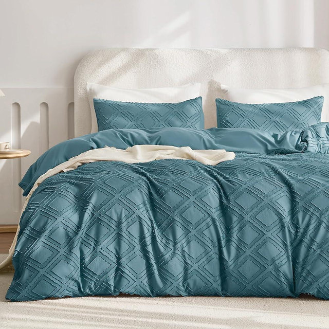 JELLYMONI Duvet Cover Queen Size Grayish Blue - 3PCS Boho Duvet Cover Set Plaid Polyester Tufted Bohemian Jacquard Knit Textured Comforter Cover 90×90in Rhombic Geometric Pattern Zipper Corner Tie