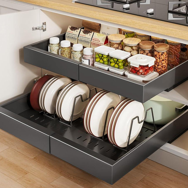 Seinloes 2 Pack Pull out Cabinet Organizer 21"Deep With Raising Pad for Framed Cabinets, Expandable Slide out Drawers for Kitchen Cabinets with 4pcs Divider Racks, Roll out Shelves 12.4"-20.5" W Black