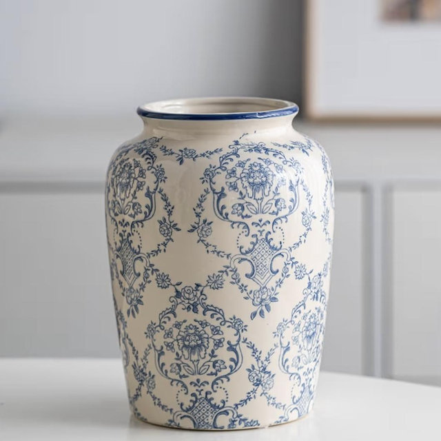 Blue and White utensil holder, Vintage Blue Ceramic Flower Vessel,Ceramic vases for Home Decor,Vintage Vase for Home Decor, Living Room, Shelf, Office, Rustic Table Centerpiece (Round)