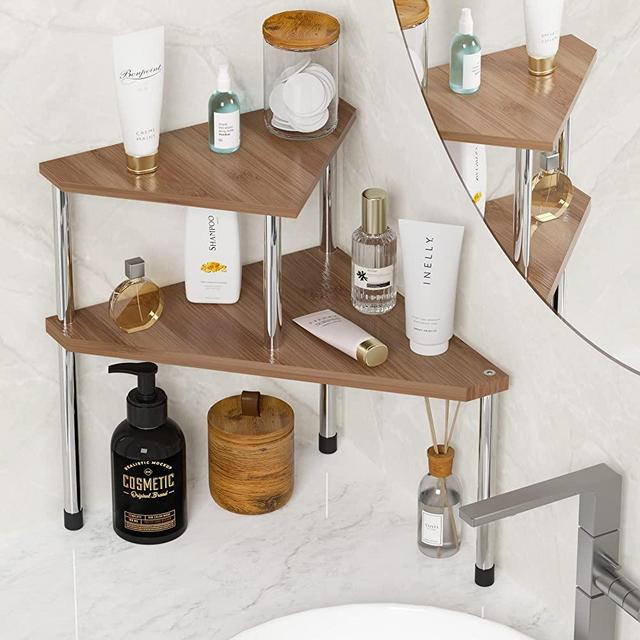Weenson Bathroom Organizer Countertop Corner Shelf – 2 Tier Bathroom Organization Bamboo Kitchen Counter Organizer Spice Rack for Cabinet Versatile Storage Shelves Home & Office Use (Brown)