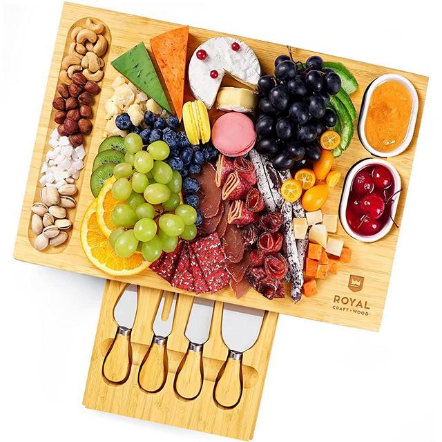 Unique Bamboo Cheese Board, Charcuterie Platter & Serving Tray Including 4 Stainless Steel Knife & Thick Wooden Server With Bowls