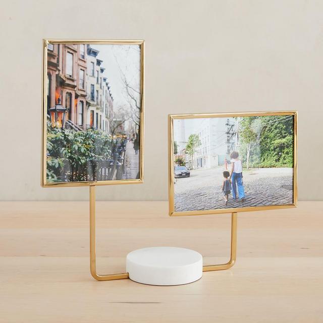Aaron Probyn Marble Tabletop Frames, Double Frame, White, Antique Brass, 5x7