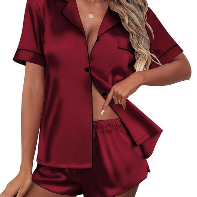 Ekouaer Womens Silk Satin Pajamas Set Short Sleeve Sleepwear Button Down Loungewear 2 Piece Pjs Shorts Set S-XXL