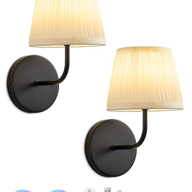 Rechargeable Wall Sconces Set of 2 - Vintage Black Cordless Battery Operated Fabric Sconce - Wireless Dimmable Led Bulb Wall Lights With Remote for Bedroom Bedside Living Room Stairway Hallway Porch
