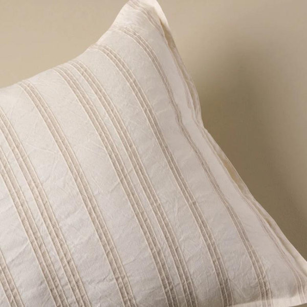 Embroidered Oatmeal Stripe Linen Cotton Pillow Sham