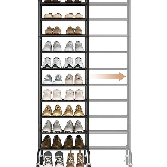 STORAGE MANIAC 10-Tier Expandable Shoe Rack, 44 Pairs Tall Vertical Shoe Rack, Heavy-Duty Metal Adjustable Shoes Organizer for Closet, Entryway, Hallway, Garage, Front Door, Shoes Shelves, Black
