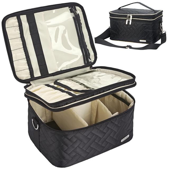 FINDCOZY Double Layer Makeup Bag with Strap, Large Cosmetic Case for Women, Make Up Organizer for Brushes, Beauty, Eyeshadow Palette, Lipstick, Black