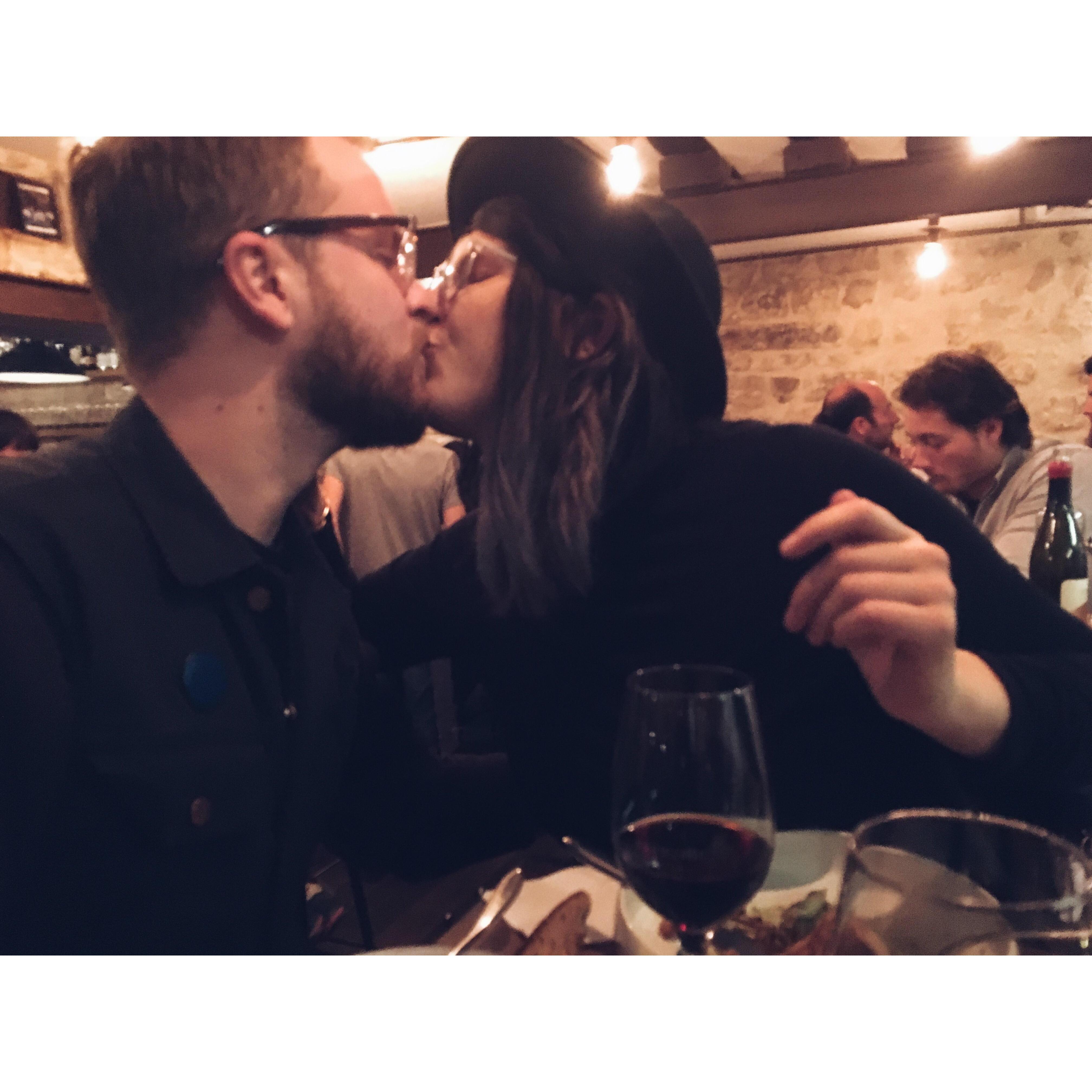 Neither of us are huge on PDA, but this was the snap taken in Paris at Frenchie Wine Bar on our third anniversary while our favorite song played in the background. I know, gross.