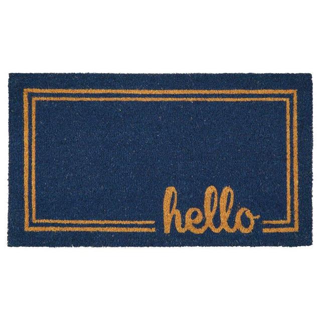 mDesign Rectangular Coir and Rubber Entryway Welcome Doormat with Natural Fibers for Indoor or Outdoor Use - Decorative Border Design - Navy Blue/Brown
