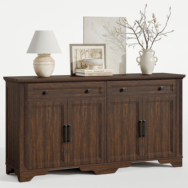 ONBRILL 63" Sideboard Buffet Cabinet, Kitchen Buffet Storage Cabinet, Large Credenza with Drawers & Doors, Wood Coffee Bar Console Wine Bar for Living Room Hallway Brown