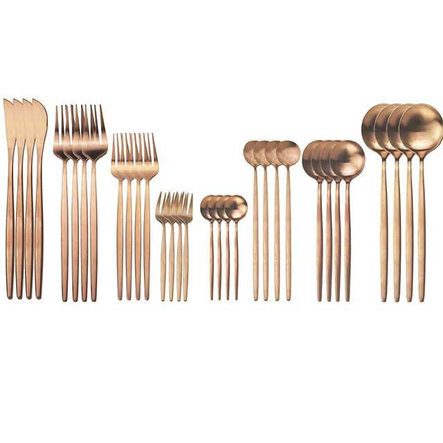 JASHII 32-Piece Tableware Set Stainless Steel Flatware Set with Coffee Spoon Long Handle Spoon Premium Cutlery Service for 4 Satin Finish Utensils for Home (Copper)