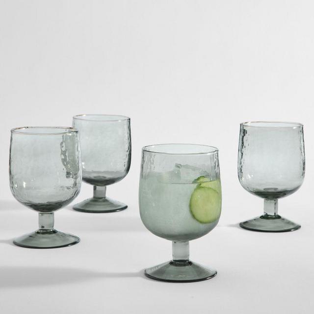 Hammered Handcrafted Short Glass Goblets, Set of 4 - Mist Blue