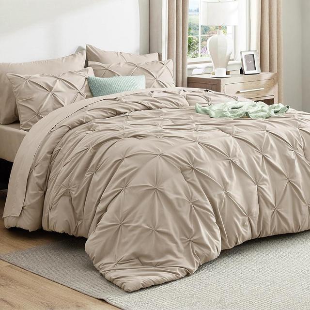 Bedsure Oversized King Comforter Set Beige - Bed in a Bag Bedding Set 7 Pieces, GentleSoft™ Pintuck Bed Set Gift for Family, Pinch Pleat Beige Comforter with Sheets, Pillowcases & Shams