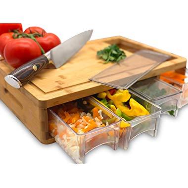 Bamboo Cutting Board With Trays and LIDS. Multi-functional: 4 draws can be used as PREP DISHES or for STORAGE. Design with juice grooves, handles, and a large opening to EFFICIENTLY SLIDE food into!