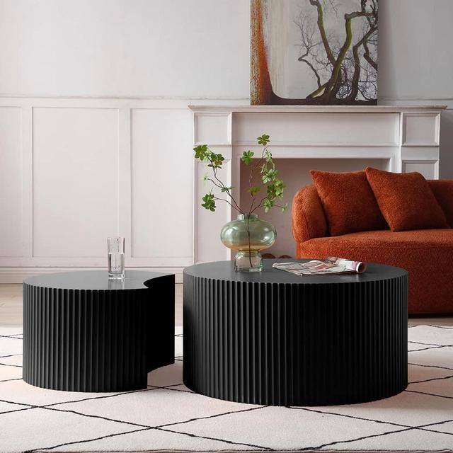 JURMALYN Black Round Coffee Table Set of 2, Modern Drum Coffee Tables with Moon Side Tables Set Wooden Nesting Coffee Table for Living Room Apartment Mall (Matte-Black)