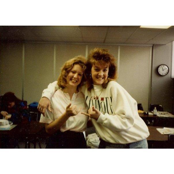 Jennifer and her friend Erin- typical antics with these 2 during Specs Howard days- May 1990.