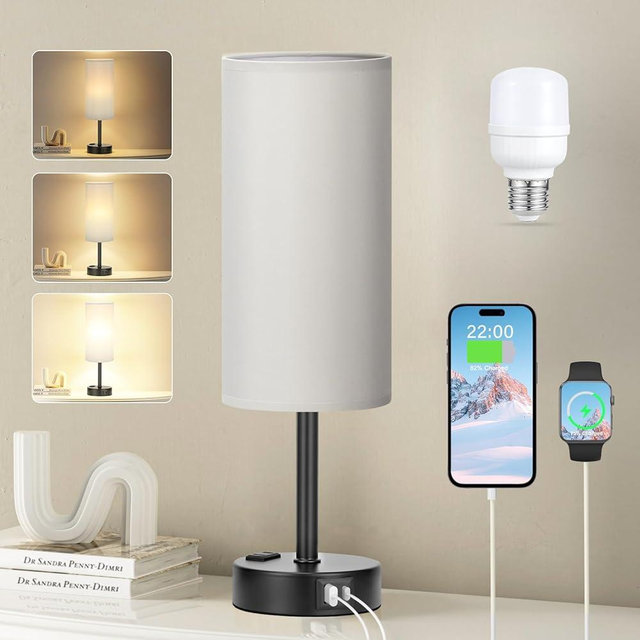Fenmzee Grey Touch Bedside Lamp for Bedroom - 3 Way Dimmable Table Lamp USB C Charging Ports and AC Outlet, Small Desk Lamp for Living Room, Office, LED Bulb Included