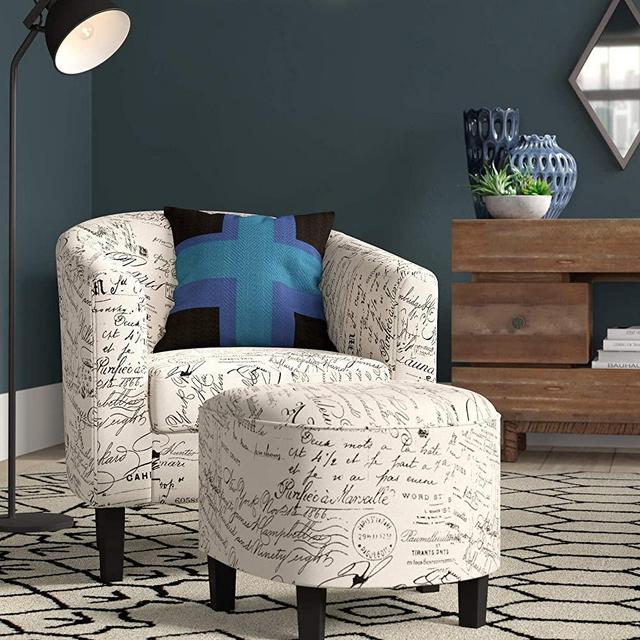 BELLEZE Accent Tub Chair Curved Back French Print Script Linen Fabric w/Ottoman Modern Stylish Round Armrest, Beige