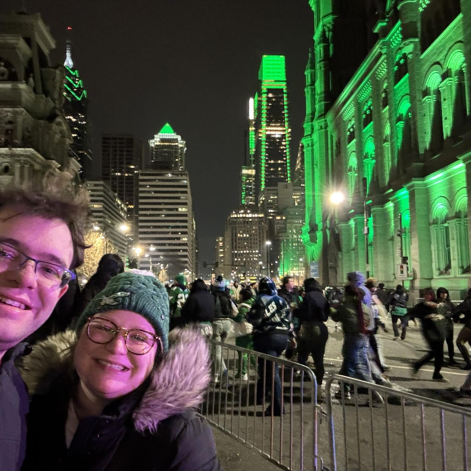 Aubrie is a huge Eagles fan, but was terrified to go outside after they won the Super Bowl in 2025. Matthew hates the Eagles but still walked her to City Hall so she could see the riots.