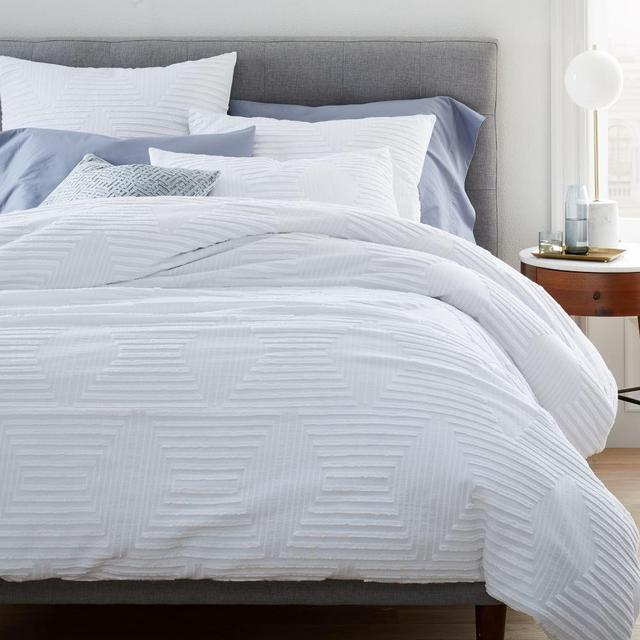 Organic Cotton Clipped Jacquard Diamond Duvet , King, Stone White