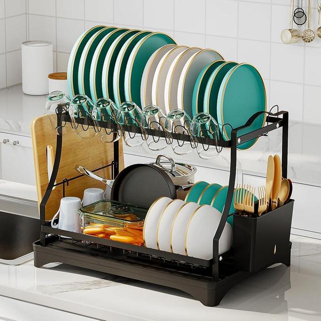 HANLE Large Dish Drying Rack Space-Saving for Kitchen Counter, 2-Tier Stainless Steel Dish Drainer Organizer with Cutlery Holder, Black