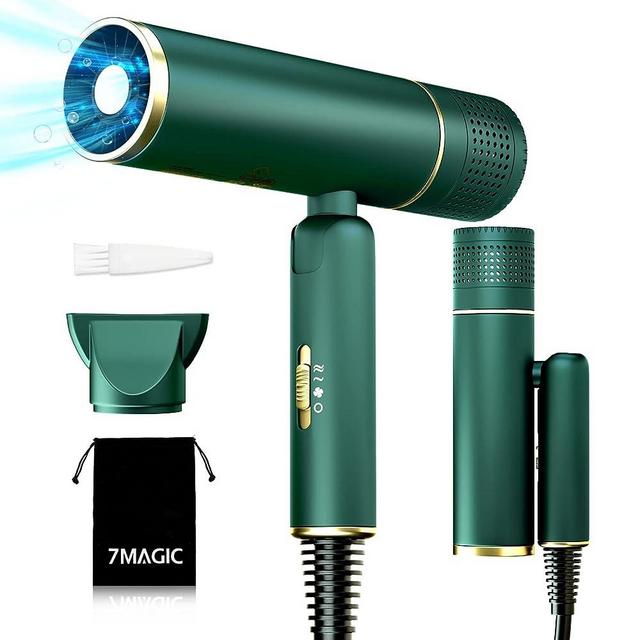 7MAGIC Fast-Drying Hair Dryer, Foldable Ionic Blow Dryer with Storage Bag for Travel, Lightweight Portable Hairdryer for Women & Men, Negative Hair Blow Dryer, 2 Heating/Cold/2 Speed Settings, Green