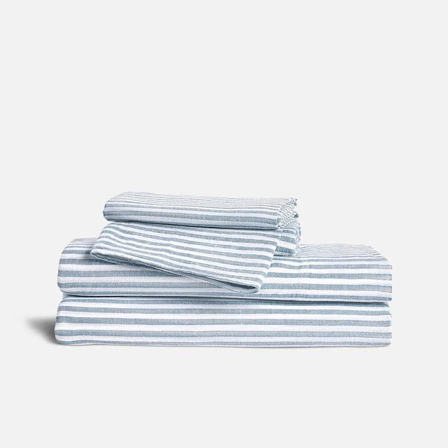 Washed European Linen Core Sheet Set - Queen, Oxfor Stripe Storm