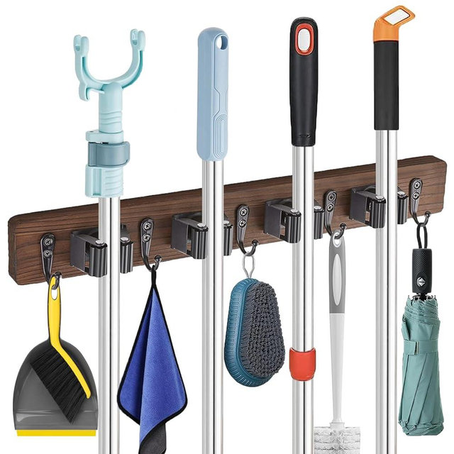 MG rack YF Mop and Broom Holder Wall Mount Wooden Garden Tool Organizer, Wall Mounted Garden Tool Rack Organizer for Closet Garage Laundry Room Kitchen Decor With 4 Slots & 5 Hooks