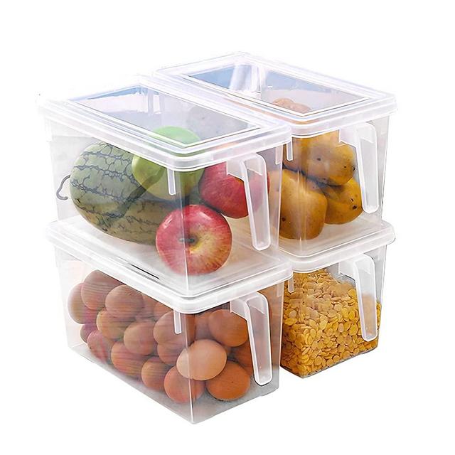 Eanpet Large Fridge Organizer Food Storage Containers Stackable Refrigerator Organizer Bins with Lids Clear Plastic Organizer Square Produce Saver for Fruits,Vegetable,Meat(Set of 4 Pack)