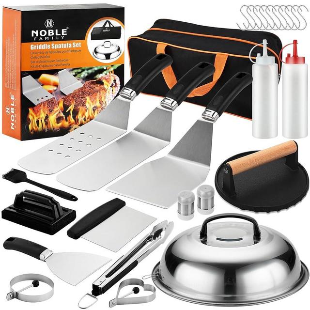 N NOBLE FAMILY 27 PCS Griddle Accessories Kit, Flat Top Grill Accessories Set for Blackstone and Camp Chef, Professional Grill Spatula Set with Melting Dome, Burger Press for Outdoor BBQ Cooking