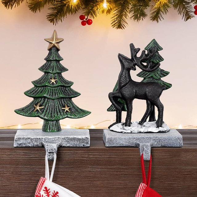 INNO STAGE Christmas Stocking Holders for Mantle Set of 2, Heavy Duty Cast lron Stocking Holder with Non-Slip Base, Xmas Tree Reindeer Stocking Hooks, Stocking Hangers for Fireplace Table Decor