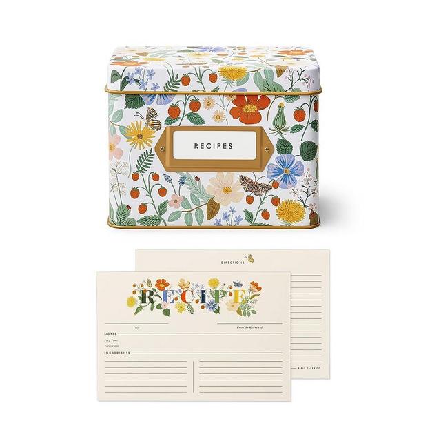 RIFLE PAPER CO. Strawberry Fields Recipe Set with Recipe Tin and Pack of 12 Cards, Bring Charm and Cheer Into Your Kitchen, Tin Includes Gold Metallic Interior with a Gold-Framed Label On Front
