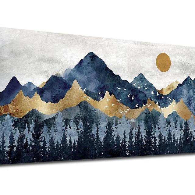 Abstract Nordic Canvas Wall Art - Indigo Blue and Gold Mountain Forest Picture Wall Decor Sun Birds Canvas Painting Nature Landscape Prints Artwork for Living Room Bedroom Decoration 20" x 40"