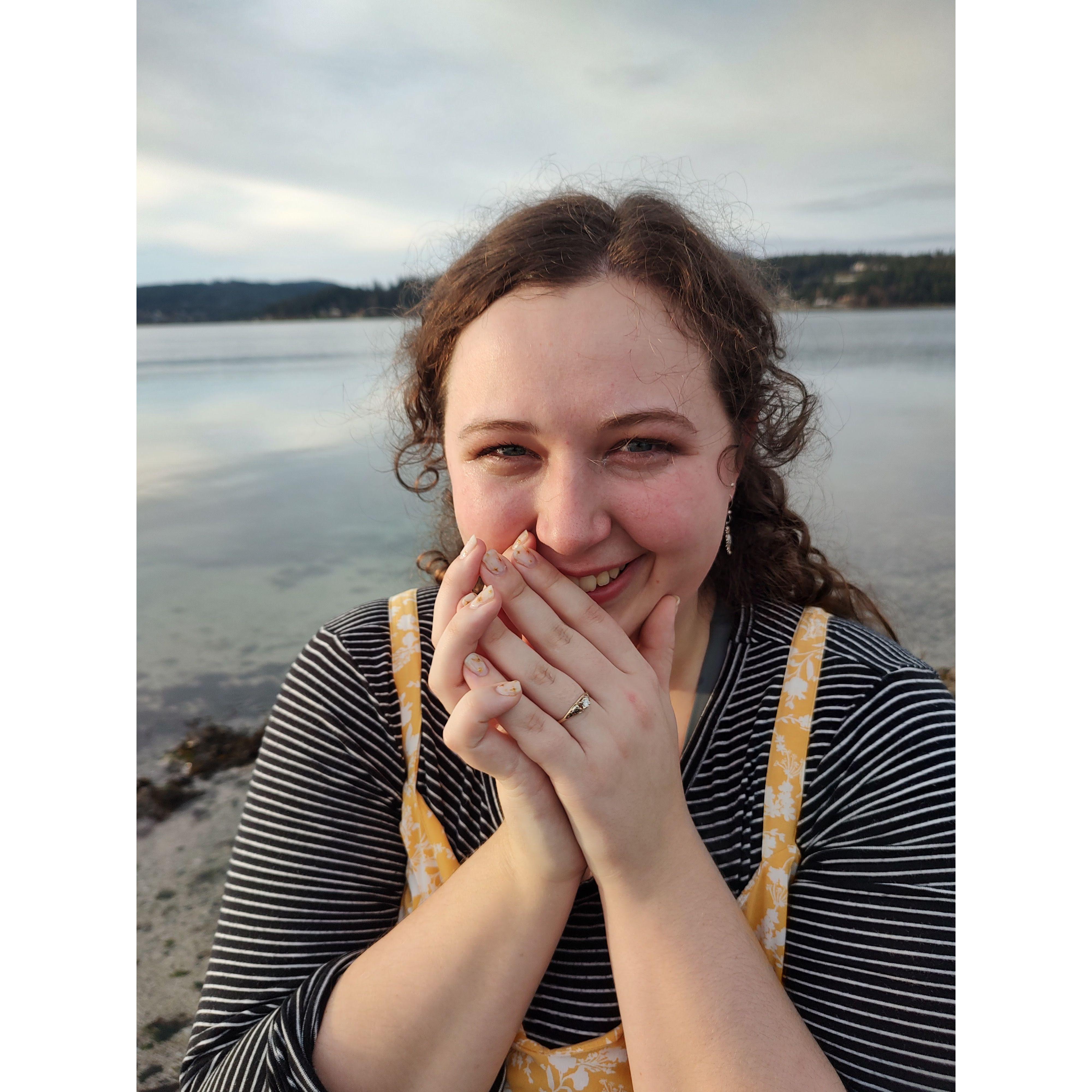 On New Year's Day 2024, I proposed to Ellie on a Fidalgo Island beach we had once visited together as friends. She said yes! I find her happy tears in this photo beautiful. Her ring is a family heirloom, passed down grandmother to granddaughter for five generations. 1/1/24