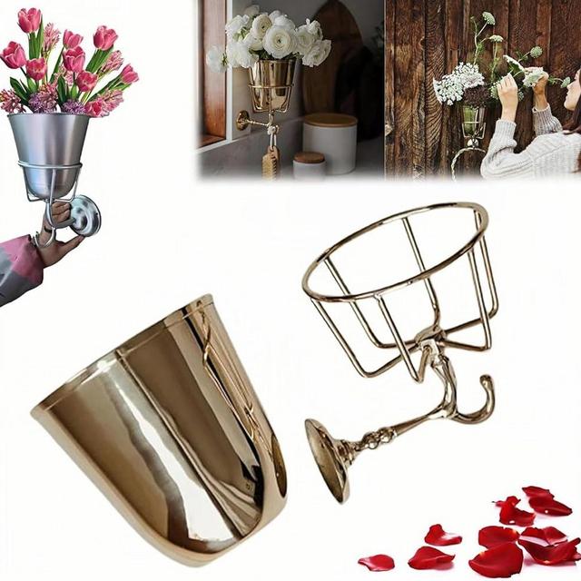 Opal Wall Vessel, Wall Mounted Brass Container Vase, Multi-Function Hanging Organizer for Home, Artificial Plants, Outdoor, Mail Organize, Spring Summer Decoration Gold (Gold)