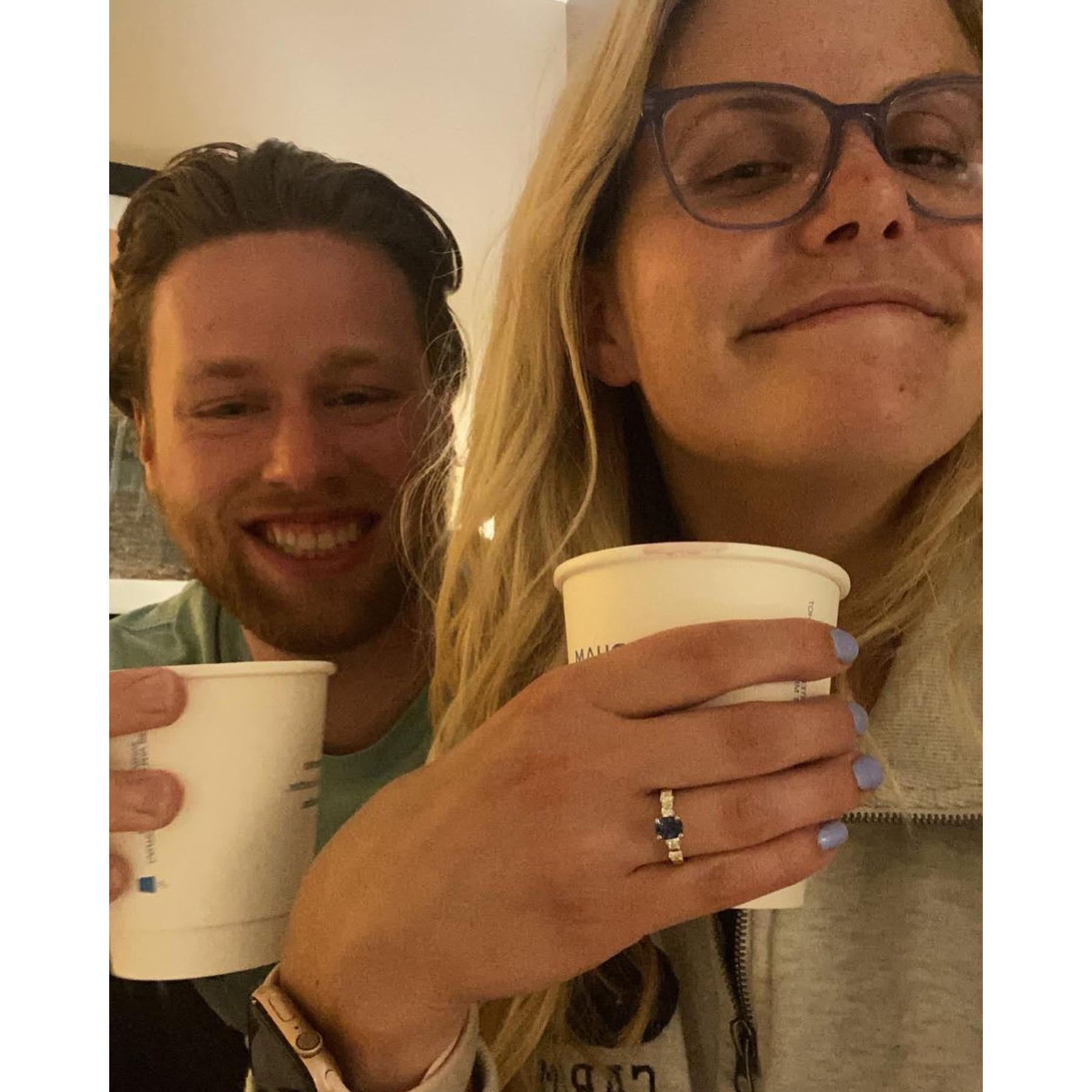 Engaged in Napa (when we had COVID)! Instead of a fancy winery proposal, Kyle popped the question right after he tested positive after our first day of vineyards. We drank fancy wine from paper cups!