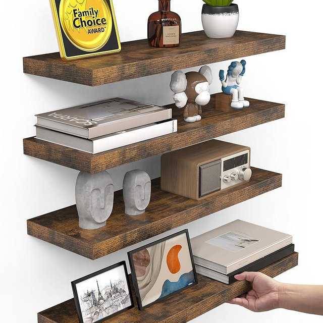 BAYKA Floating Shelves for Wall, 15.7in Wall Mounted Rustic Wood Shelves for Bathroom, Bedroom, Living Room, Kitchen, Hanging Shelf for Storage/Room Decor with 22lbs Capacity (Rustic Brown, Set of 4)
