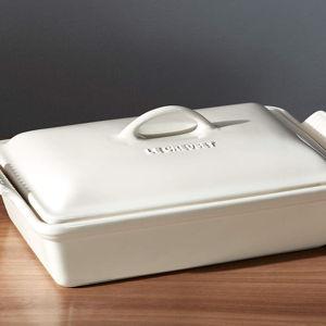 Le Creuset 4 qt. Heritage Rectangular Cream Ceramic Baking Dish with Lid- Color: Cream