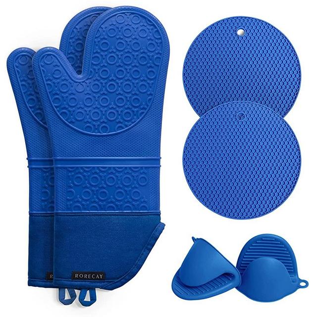 Rorecay Extra Long Oven Mitts and Pot Holders Sets: Heat Resistant Silicone Oven Mittens with Mini Oven Gloves and Hot Pads Potholders for Kitchen Baking Cooking, Quilted Liner, Pack of 6 (RoyalBlue)