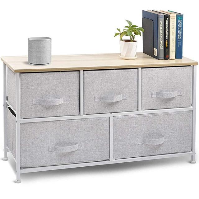 CERBIOR Wide Drawer Dresser Storage Organizer 5-Drawer Closet Shelves, Sturdy Steel Frame Wood Top with Easy Pull Fabric Bins for Clothing, Blankets- Grey